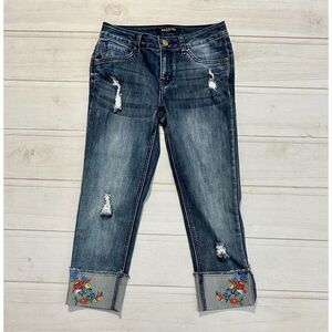 Baccini Distressed Capri Jeans Floral Embroidered Folded Raw Hem